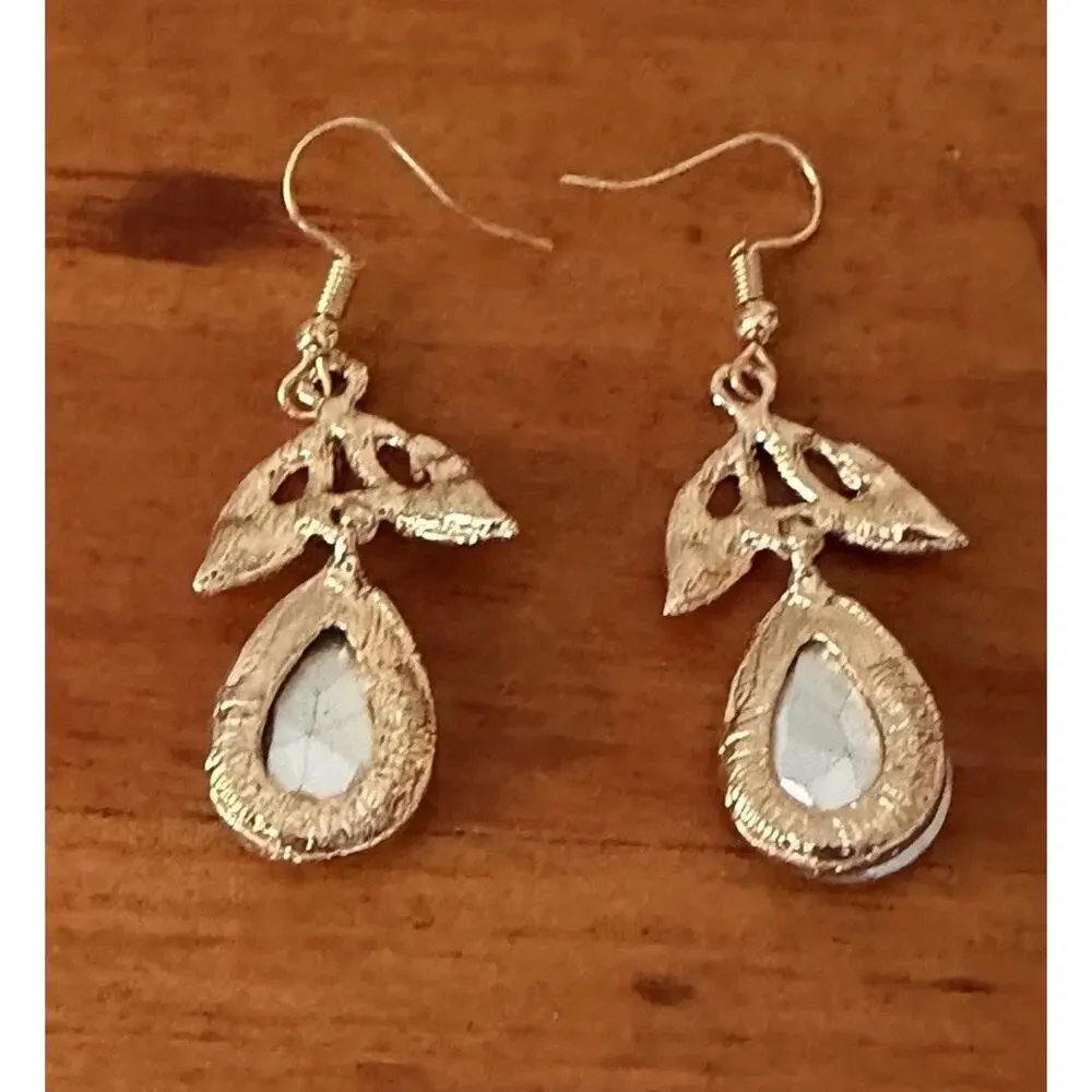 Crystal Teardrop Dangle Earrings Gold Tone Leaf Bridal Wedding Prom Formal